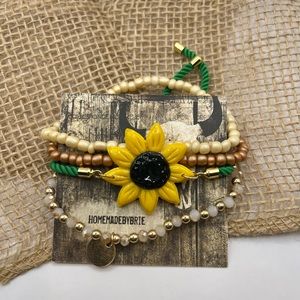 Clay Sunflower Adjustable Bracelet with Stackable Beaded Bracelets